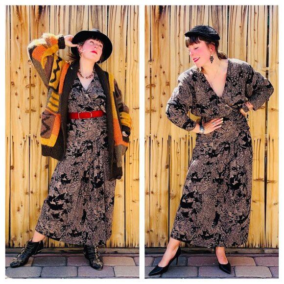 Vintage Dress 80s does 40s Abstract Print Long Sleeve Draped Dress Dark Print - Picture 1 of 12